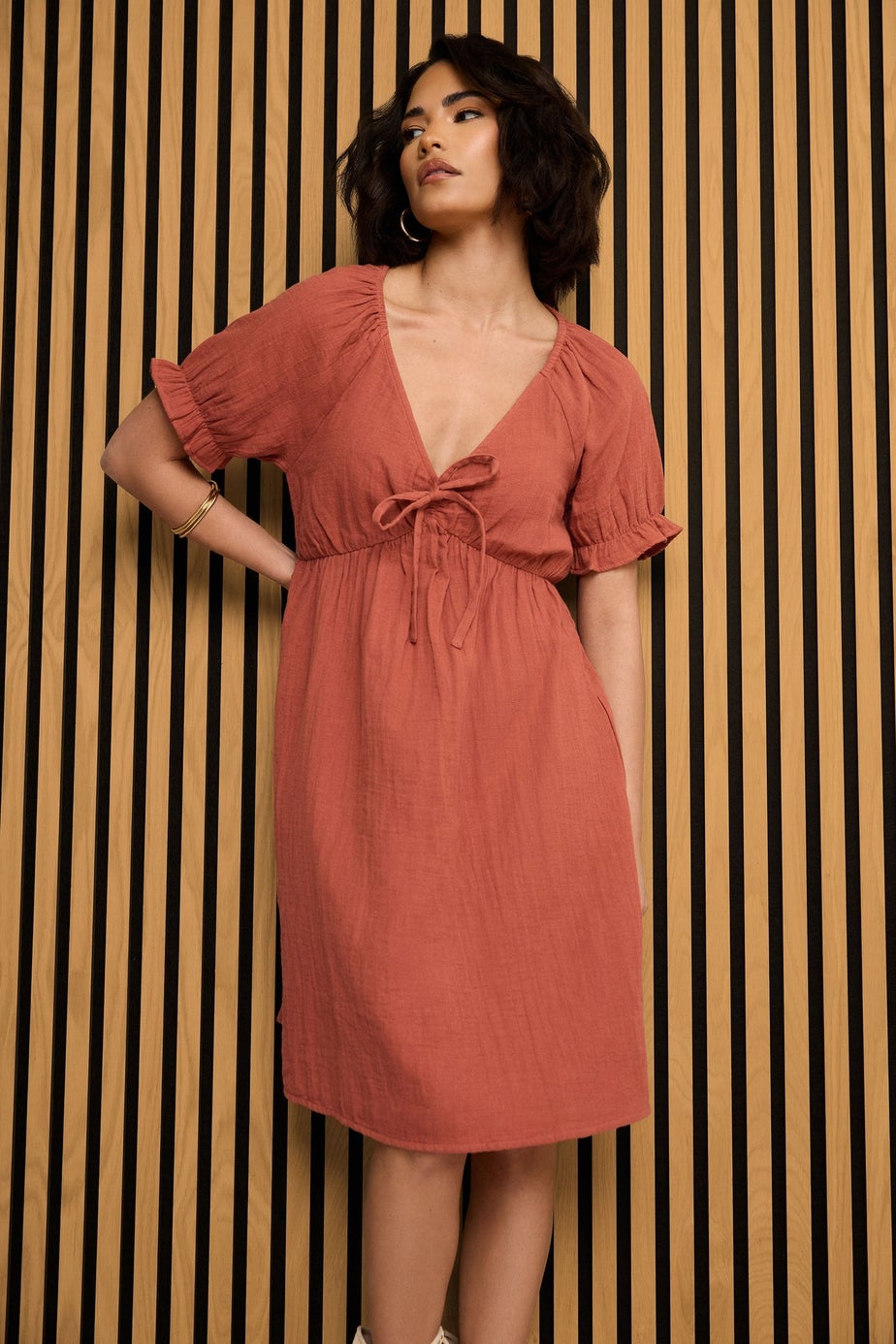 PixieGirl Petite Rust Orange Tie Front Mini Dress