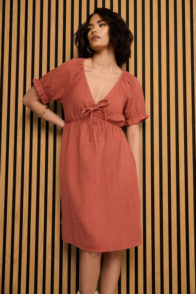 PixieGirl Petite Rust Orange Tie Front Mini Dress