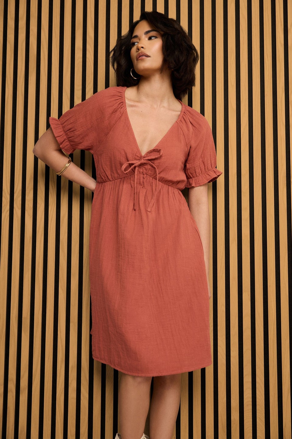 PixieGirl Petite Rust Orange Tie Front Mini Dress