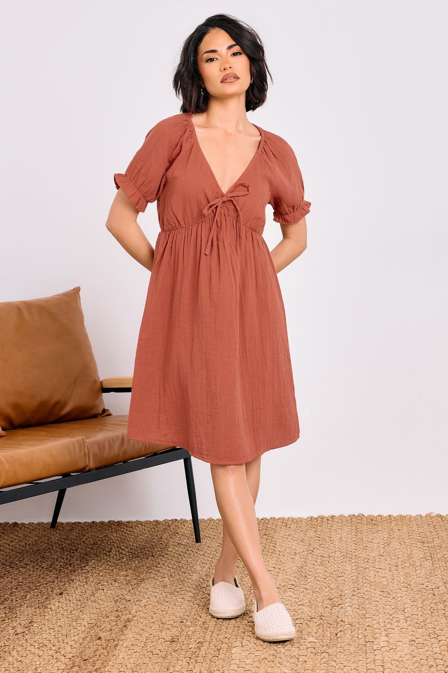 PixieGirl Petite Rust Orange Tie Front Mini Dress