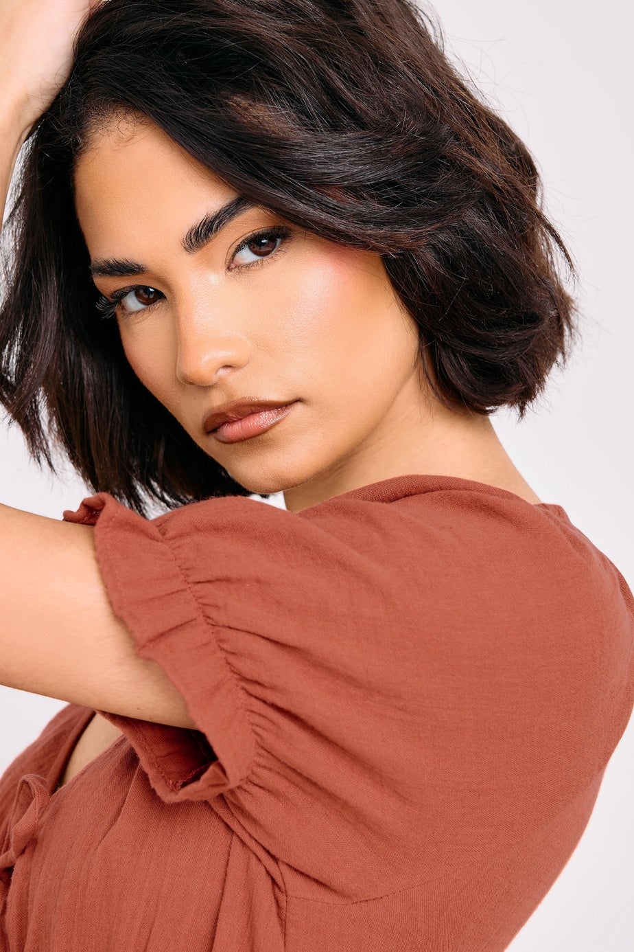 PixieGirl Petite Rust Orange Tie Front Mini Dress