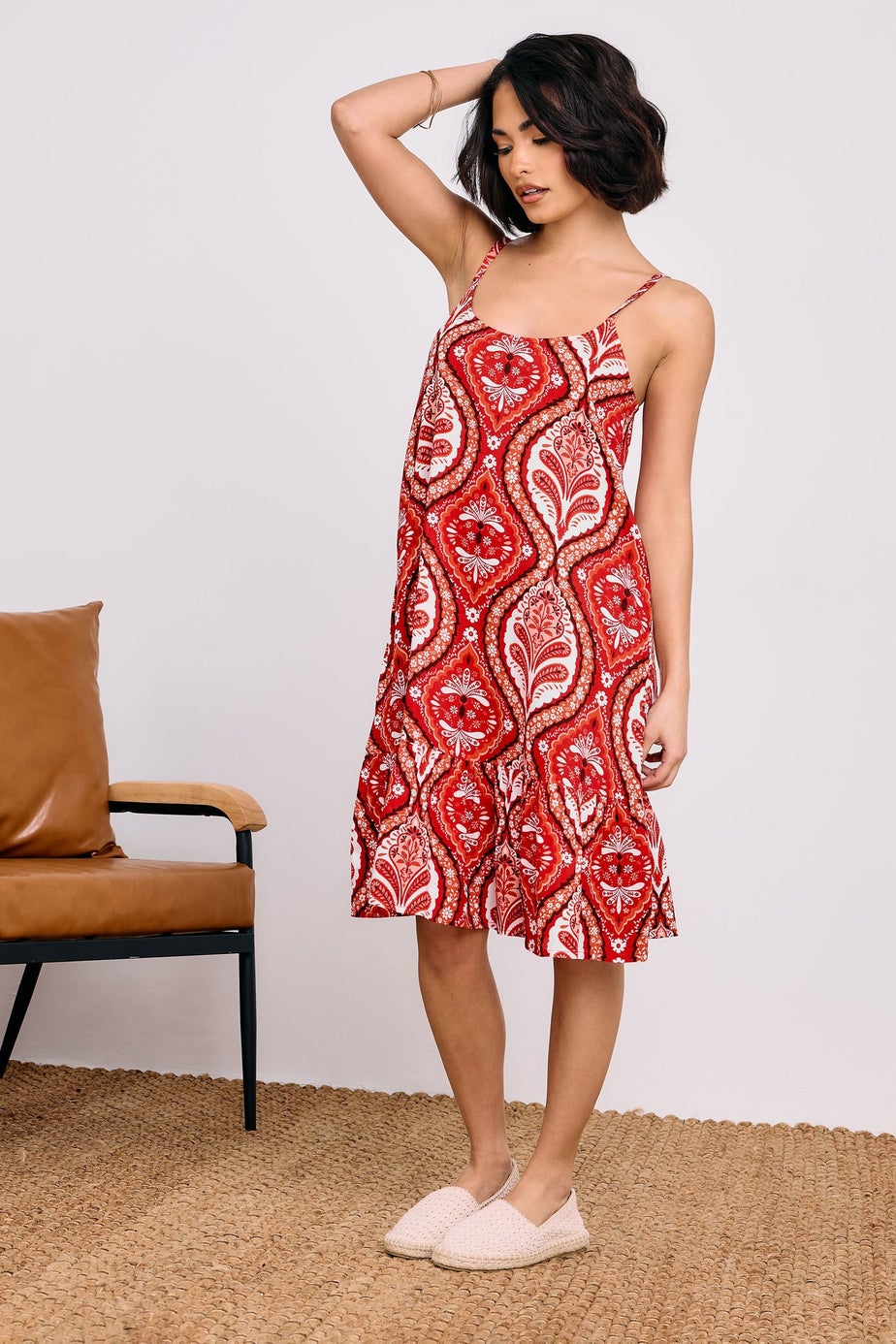 PixieGirl Petite Red Paisley Print Slip Midi Dress