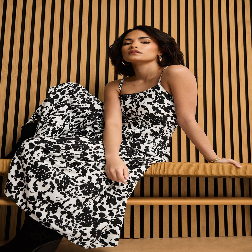 PixieGirl Petite Black & White Cow Print Asymmetric Tiered Dress