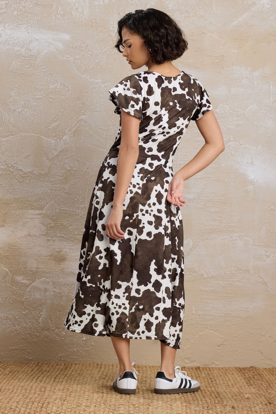 PixieGirl Petite Brown Cow Print Flutter Sleeve Dress