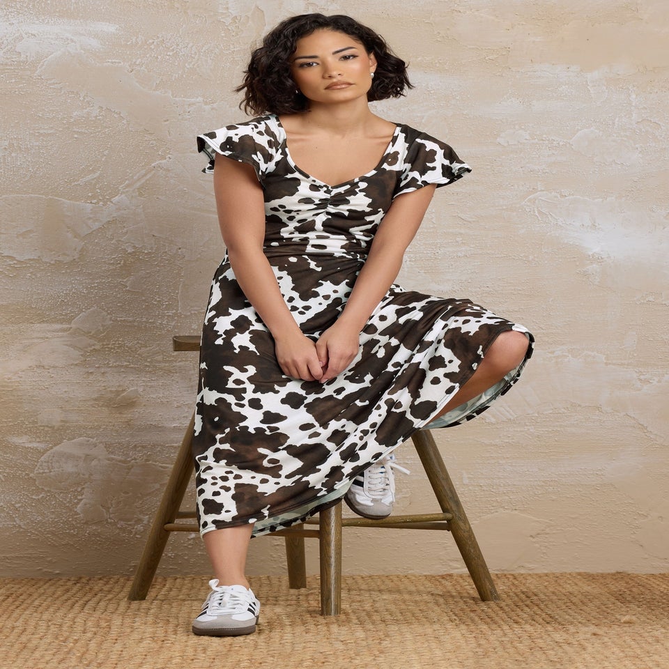 PixieGirl Petite Brown Cow Print Flutter Sleeve Dress