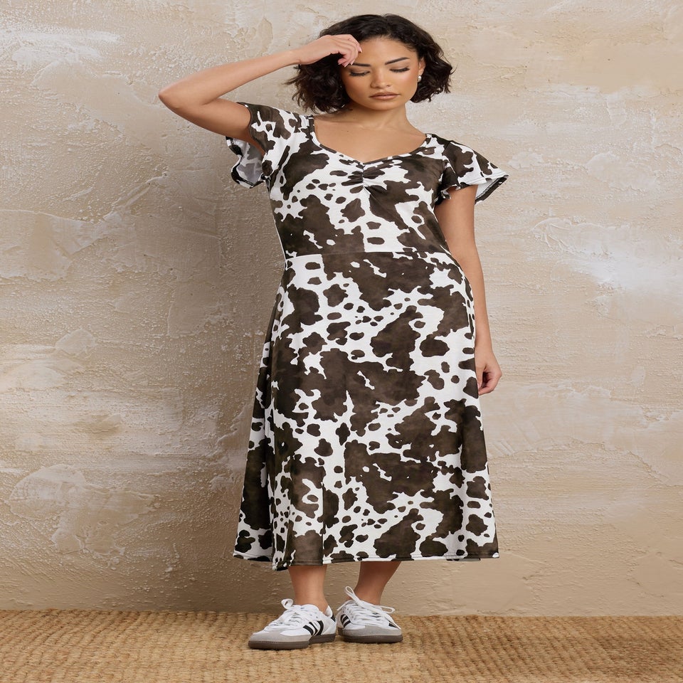 PixieGirl Petite Brown Cow Print Flutter Sleeve Dress