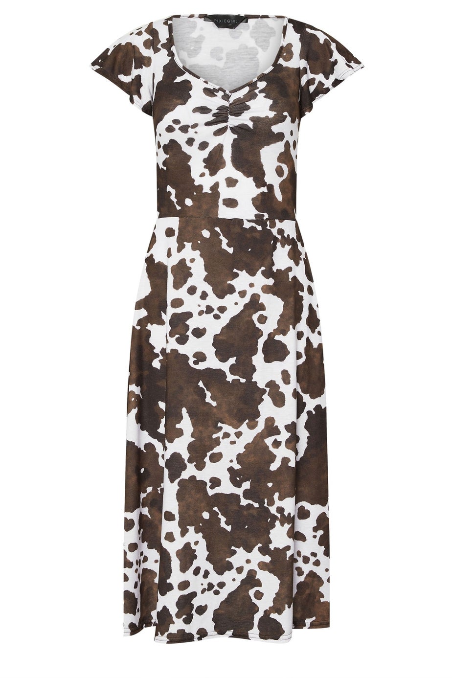 PixieGirl Petite Brown Cow Print Flutter Sleeve Dress