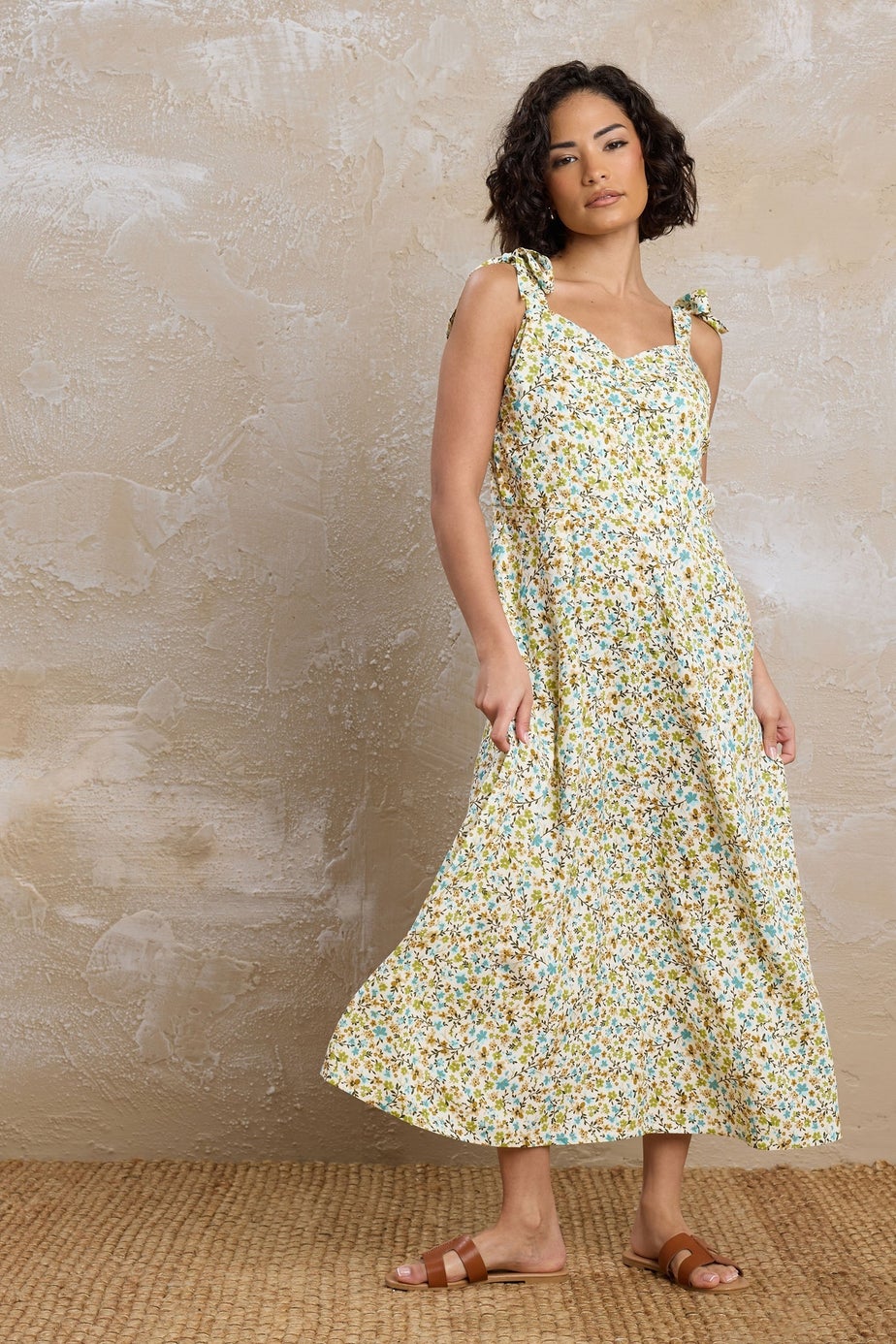 ditsy floral square neck midi dress MANGO - Floral-print flared Dress Ecru