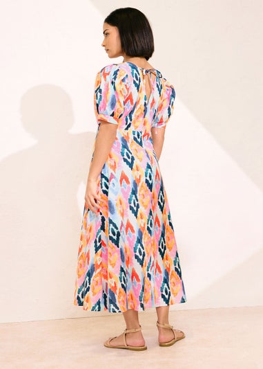 PixieGirl Petite Pink Linen Abstract Puff Sleeve Midaxi Dress