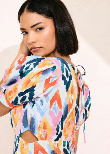 PixieGirl Petite Pink Linen Abstract Puff Sleeve Midaxi Dress