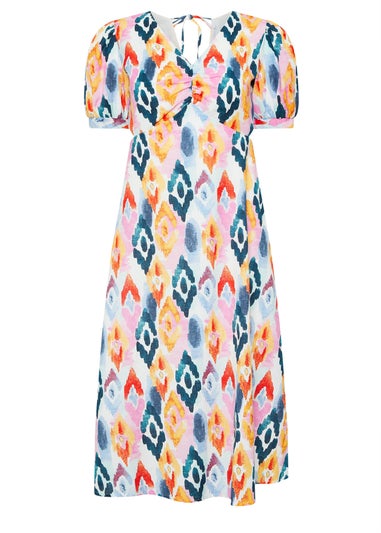 PixieGirl Petite Pink Linen Abstract Puff Sleeve Midaxi Dress