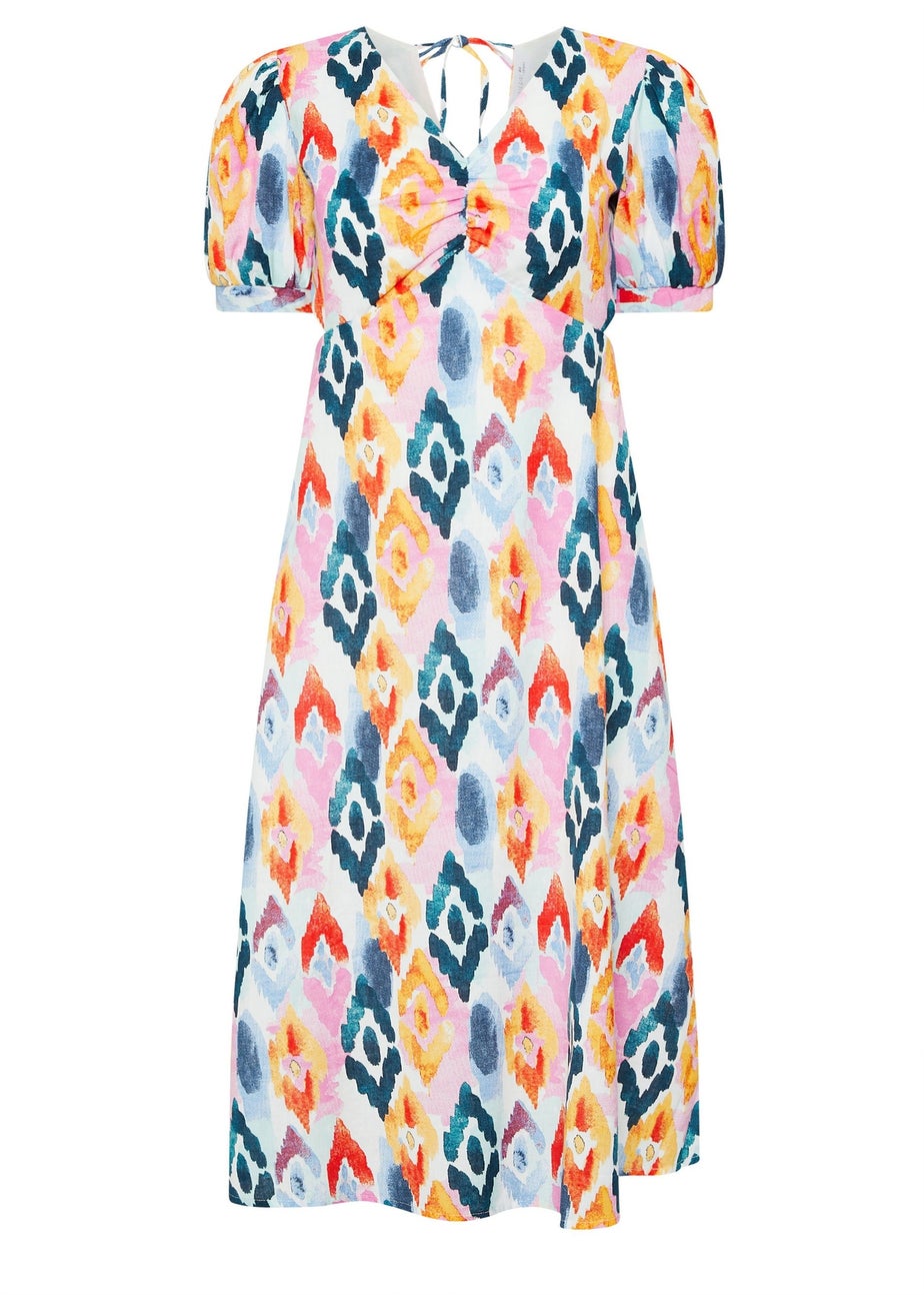 PixieGirl Petite Pink Linen Abstract Puff Sleeve Midaxi Dress