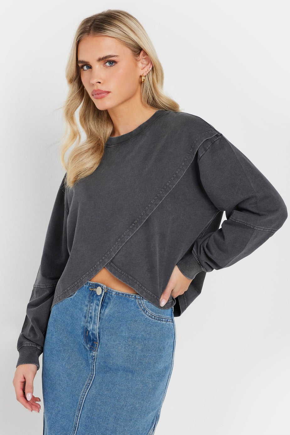 PixieGirl Petite Grey Acid Wash Cross Over Sweatshirt