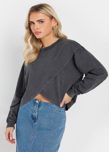 PixieGirl Petite Grey Acid Wash Cross Over Sweatshirt