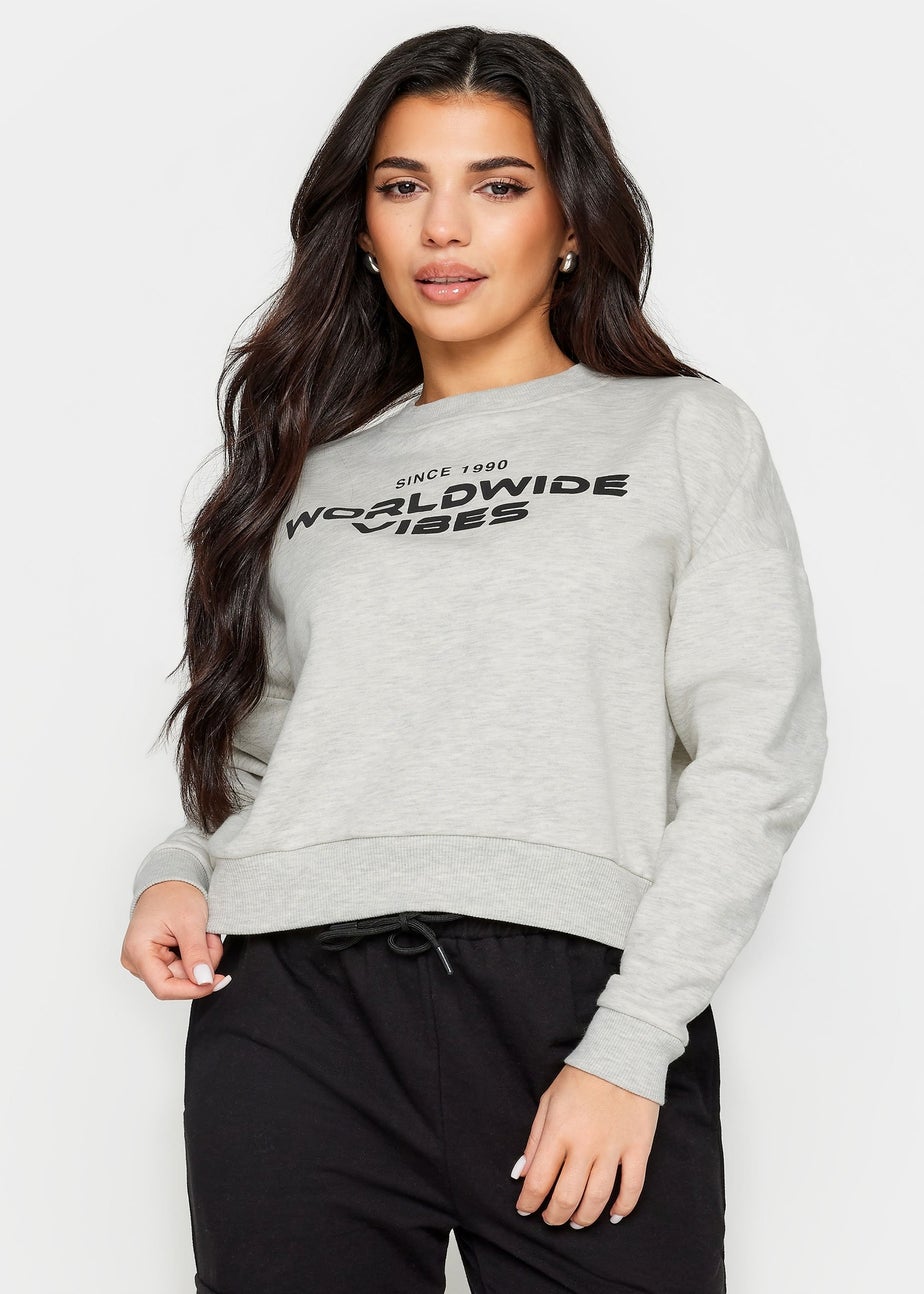 PixieGirl Petite Light Grey 'Worldwide Vibes' Slogan Cropped Sweatshirt