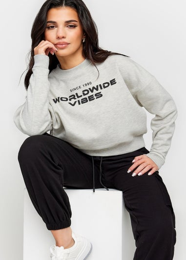 PixieGirl Petite Light Grey 'Worldwide Vibes' Slogan Cropped Sweatshirt