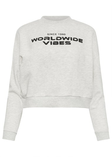 PixieGirl Petite Light Grey 'Worldwide Vibes' Slogan Cropped Sweatshirt