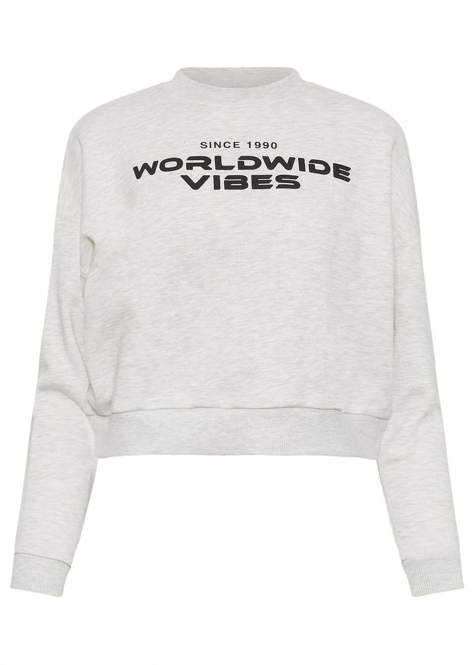 PixieGirl Petite Light Grey 'Worldwide Vibes' Slogan Cropped Sweatshirt
