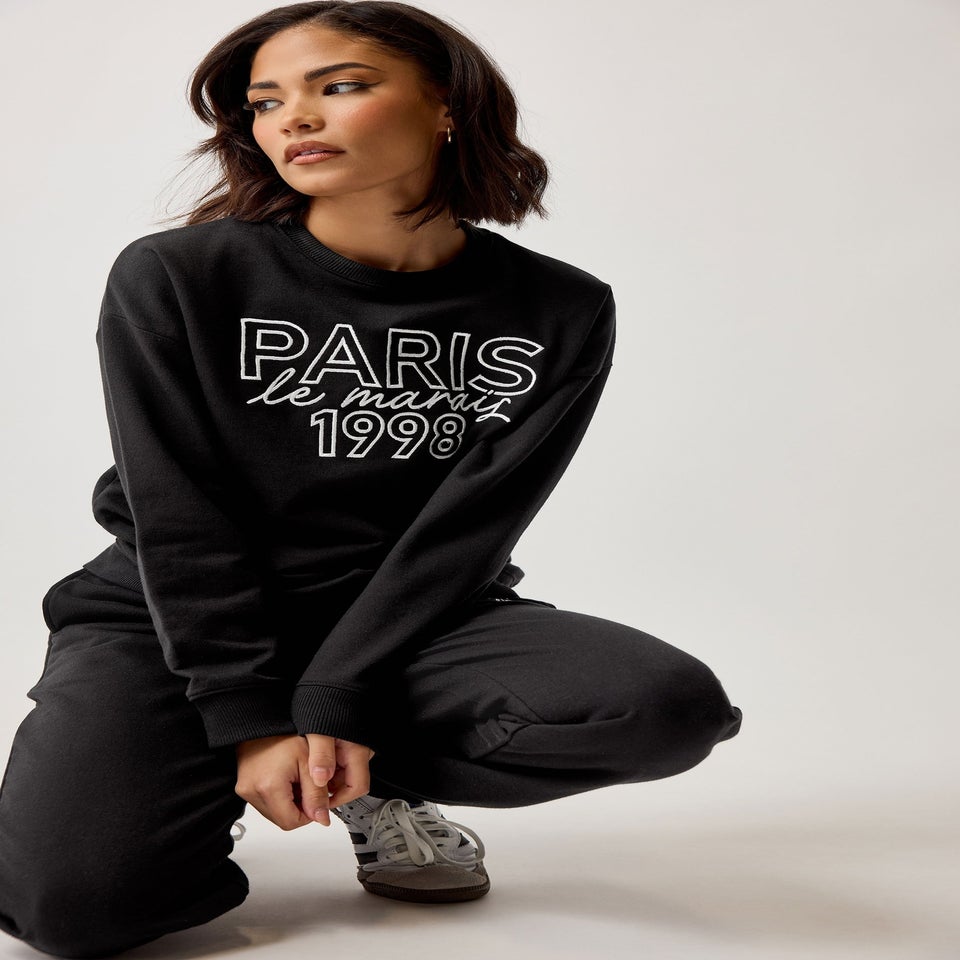 PixieGirl Petite Black Jersey 'Paris' Slogan Sweatshirt