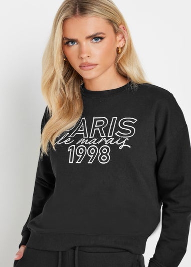 PixieGirl Petite Black Jersey 'Paris' Slogan Sweatshirt