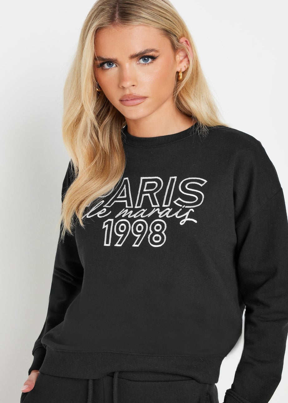 PixieGirl Petite Black Jersey 'Paris' Slogan Sweatshirt