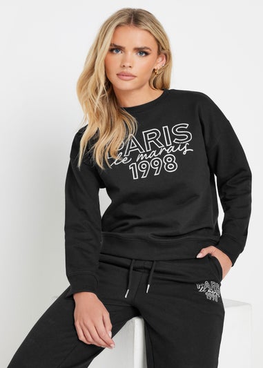 PixieGirl Petite Black Jersey 'Paris' Slogan Sweatshirt