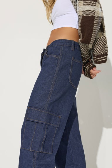 PixieGirl Petite Indigo Blue Non-Stretch Utility Cargo Jeans