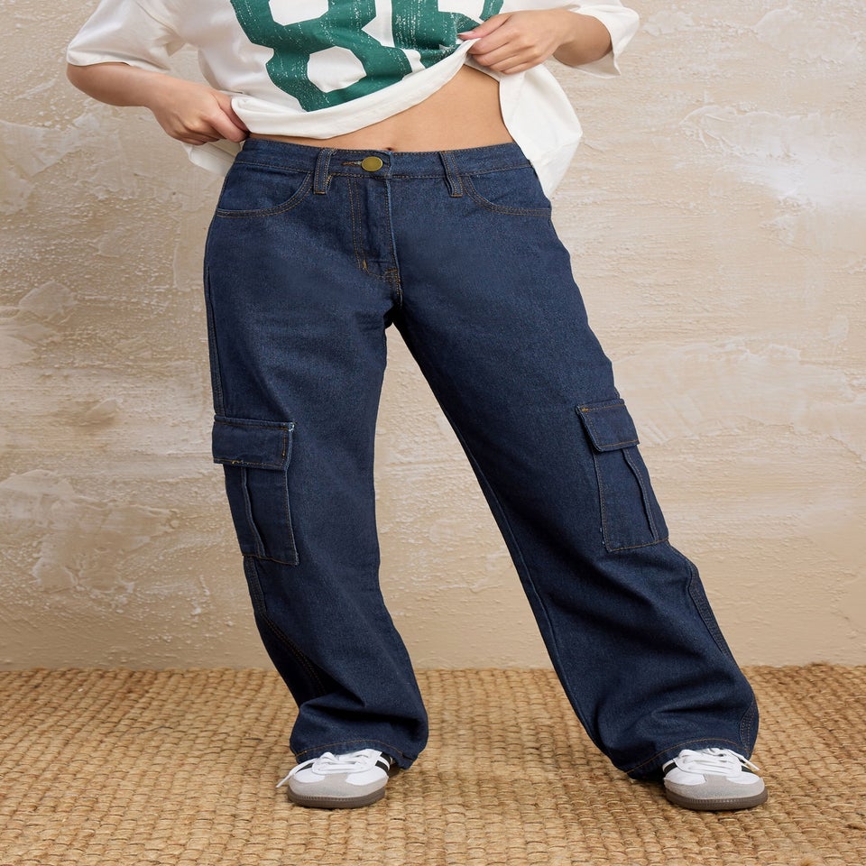 PixieGirl Petite Indigo Blue Non-Stretch Utility Cargo Jeans