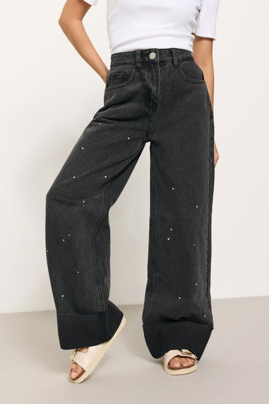 PixieGirl Petite Black Paint Splatter Non-Stretch Wide Leg Jeans