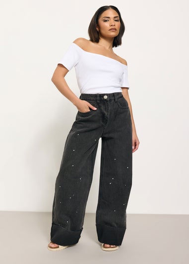 PixieGirl Petite Black Paint Splatter Non-Stretch Wide Leg Jeans