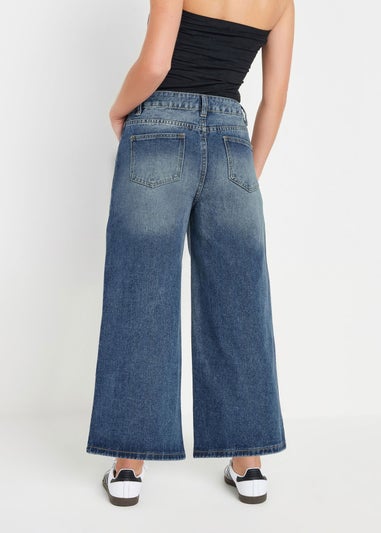 PixieGirl Petite Mid Blue Washed Cropped Wide Leg Jean