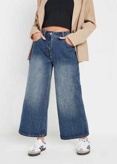 PixieGirl Petite Mid Blue Washed Cropped Wide Leg Jean