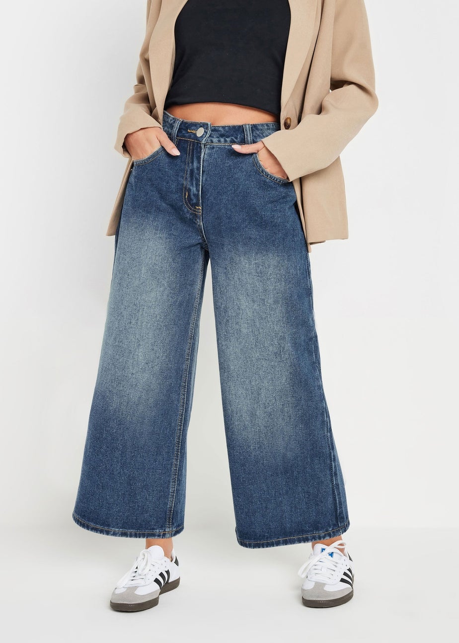 PixieGirl Petite Mid Blue Washed Cropped Wide Leg Jean