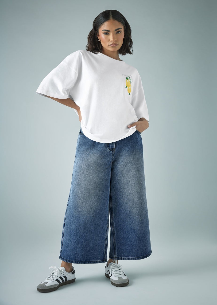 PixieGirl Petite Mid Blue Washed Cropped Wide Leg Jean