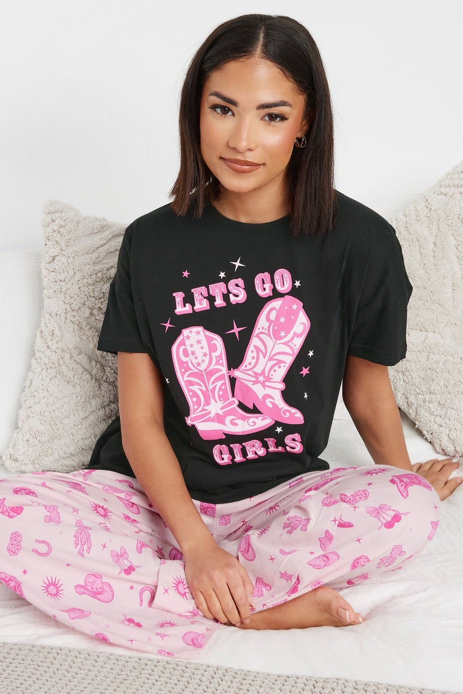 PixieGirl Petite Hot Pink 'Let's Go Girls' Cowboy Slogan Pyjama Set