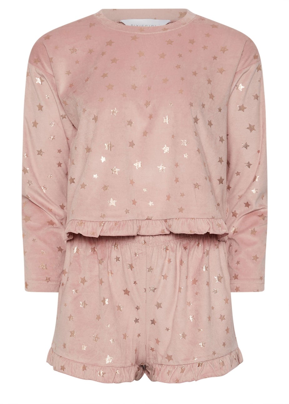 PixieGirl Petite Pink Luxe Fleece Foil Star Pyjama Short Set