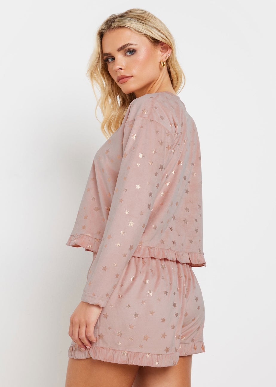 PixieGirl Petite Pink Luxe Fleece Foil Star Pyjama Short Set