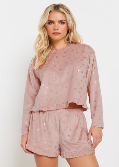 PixieGirl Petite Pink Luxe Fleece Foil Star Pyjama Short Set