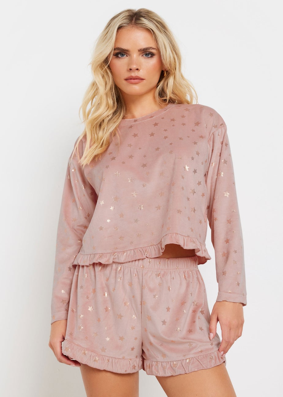 PixieGirl Petite Pink Luxe Fleece Foil Star Pyjama Short Set