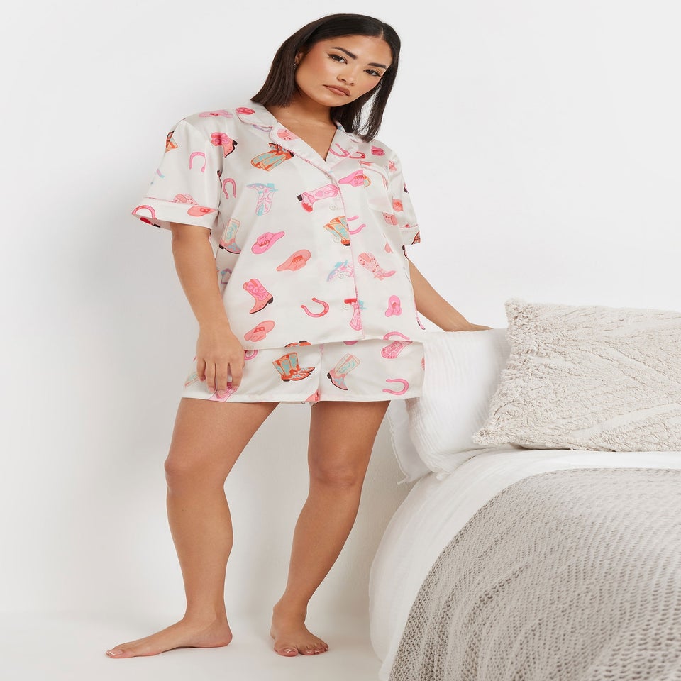 PixieGirl Petite White Satin Cowboy Graphic Short Pyjama Set