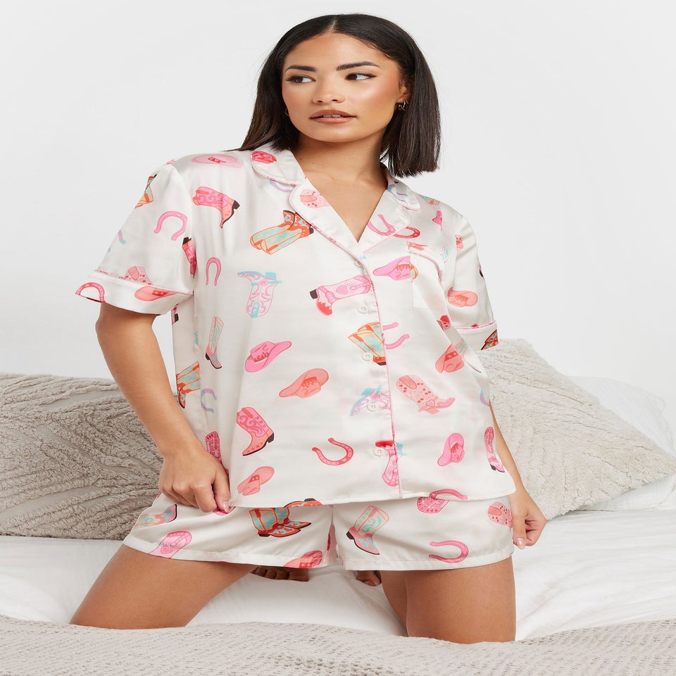PixieGirl Petite White Satin Cowboy Graphic Short Pyjama Set