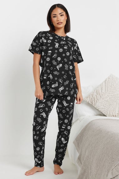 PixieGirl Petite Black Cowboy Graphic Tapered Pyjama Set