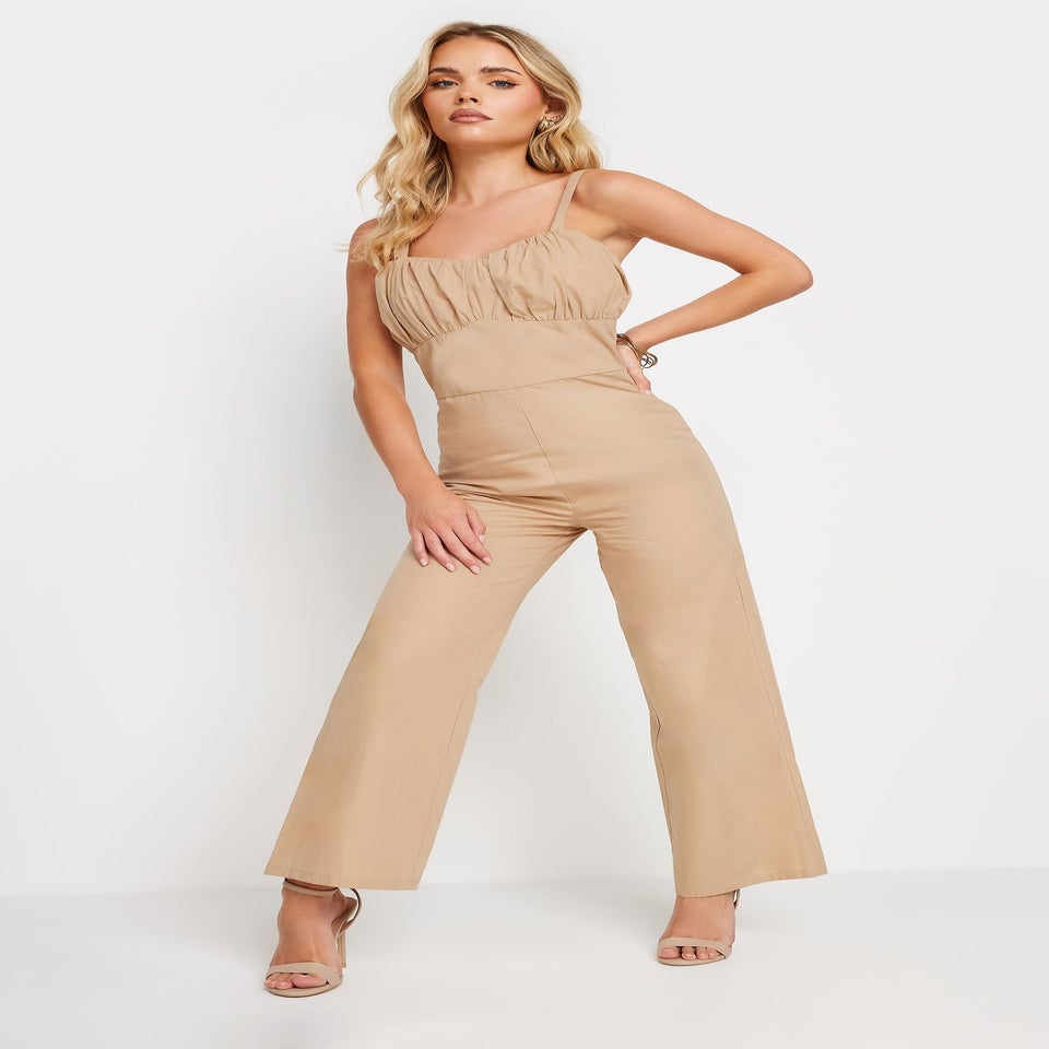 PixieGirl Petite Beige Brown Bust Detail Jumpsuit