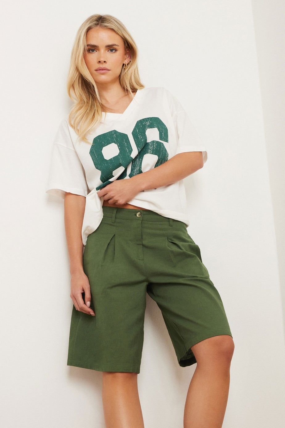 PixieGirl Petite Khaki Green Linen Bermuda Shorts