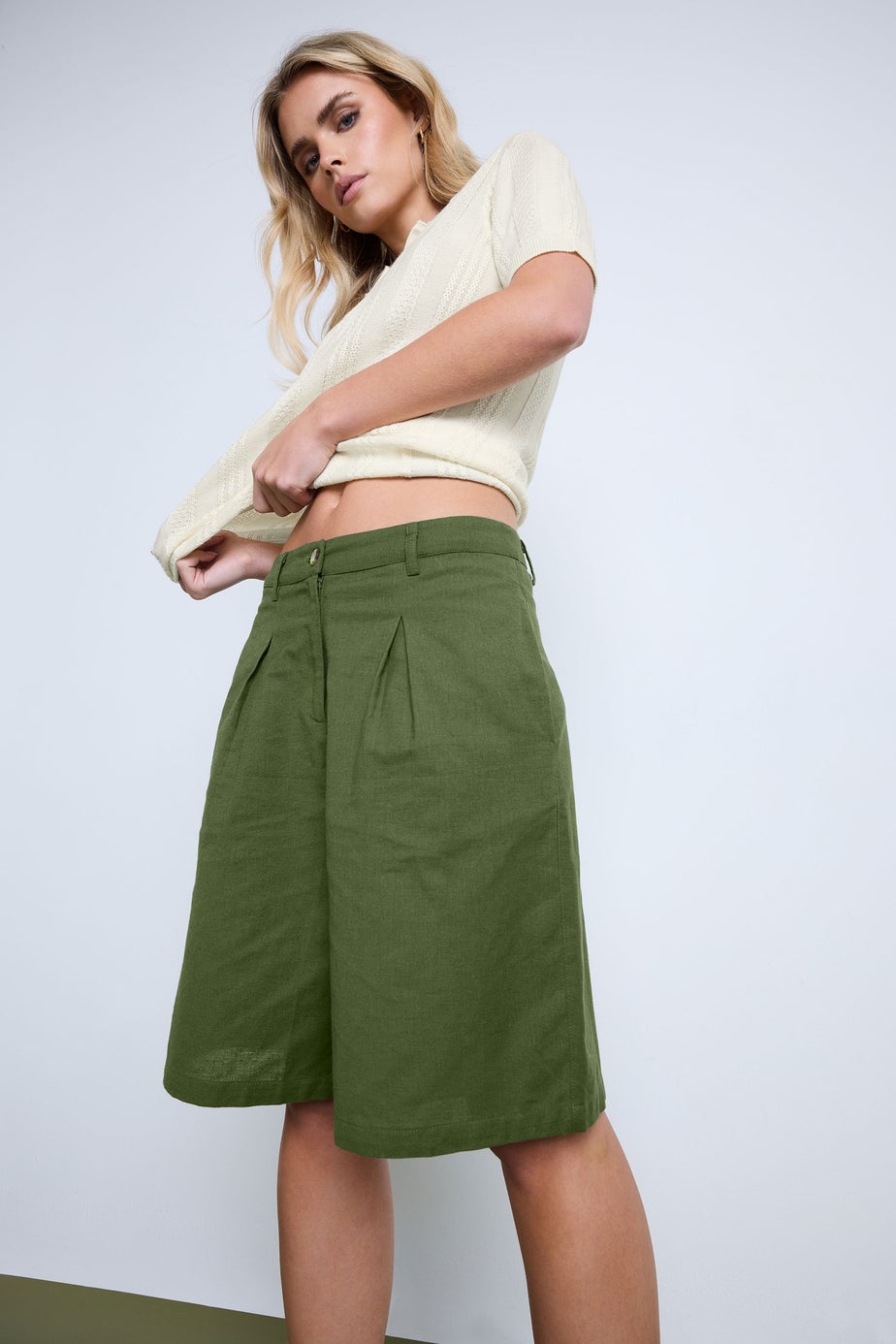 PixieGirl Petite Khaki Green Linen Bermuda Shorts