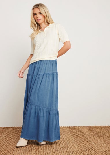 PixieGirl Petite Blue Asymmetric Tiered Maxi Skirt