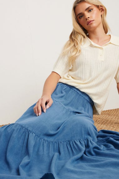 PixieGirl Petite Blue Asymmetric Tiered Maxi Skirt