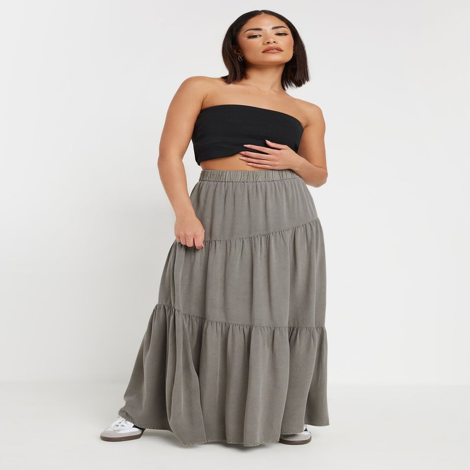 PixieGirl Petite Charcoal Grey Asymmetric Tiered Maxi Skirt