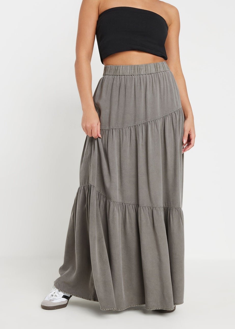 PixieGirl Petite Charcoal Grey Asymmetric Tiered Maxi Skirt