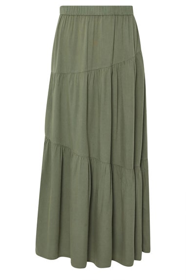 PixieGirl Petite Khaki Green Asymmetric Tiered Maxi Skirt